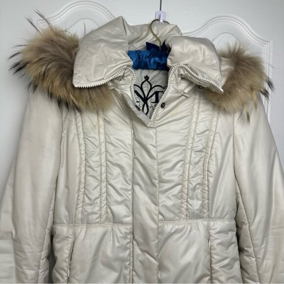 Mackage Cream Mid-length Down WOOL Leather Puffer jacket Coat with Fur Hood sz S - Picture 3 of 15